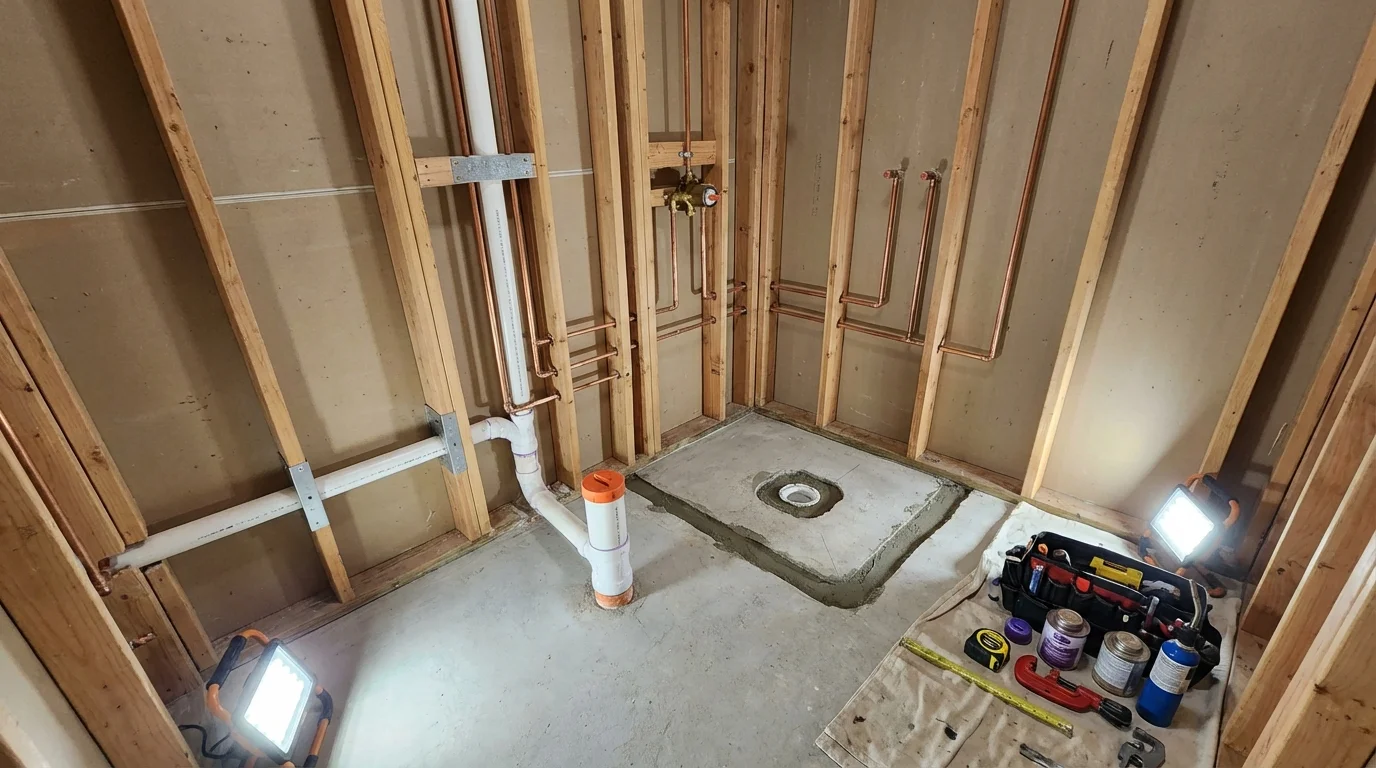 Bathroom rough-in plumbing during remodel by Johns Plumbing LLC in Parlier