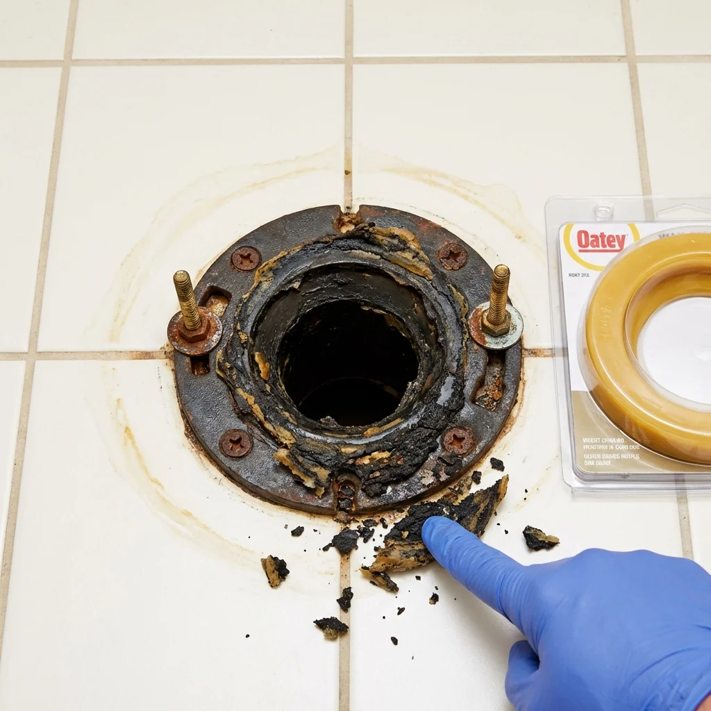 Failed wax ring showing water seepage at the base of a toilet in a Parlier, CA home
