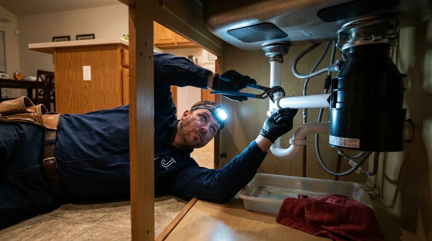 P-trap and supply line connections under a kitchen sink showing a common leak point in Parlier, CA